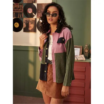 

Women Outerwear Coats Autumn Female Jackets Long Sleeve Corduroy Patchwork Button Jacket Windbreaker Coats Female Jackets Women