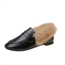 Женские плюшевые мокасины; коллекция года; сезон осень-зима; теплые бархатные туфли на плоской подошве в Корейском стиле с мехом; универсальные пушистые ботинки