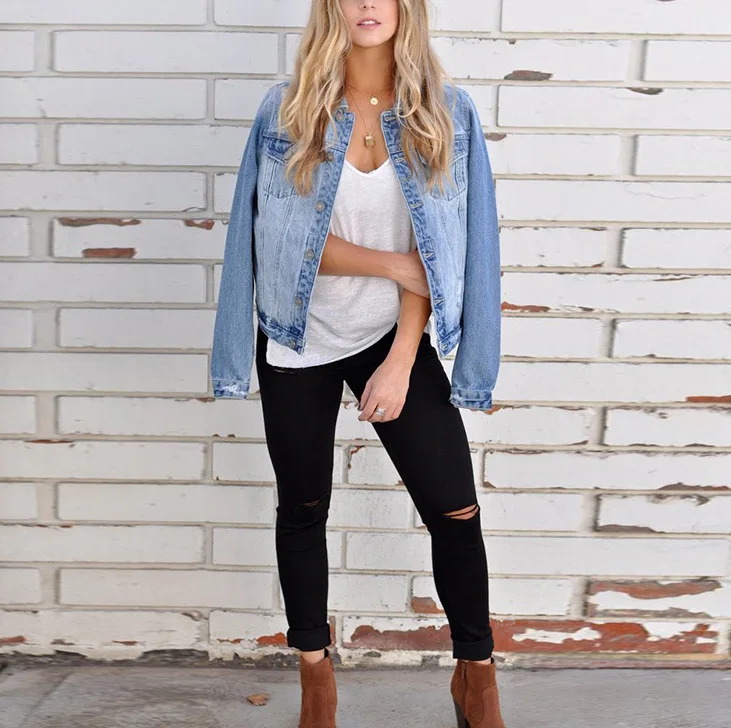 Women Cotton Oversized Denim Jacket Autumn Streetwear Boyfriend Single-breasted Ripped Pocket Denim Jacket