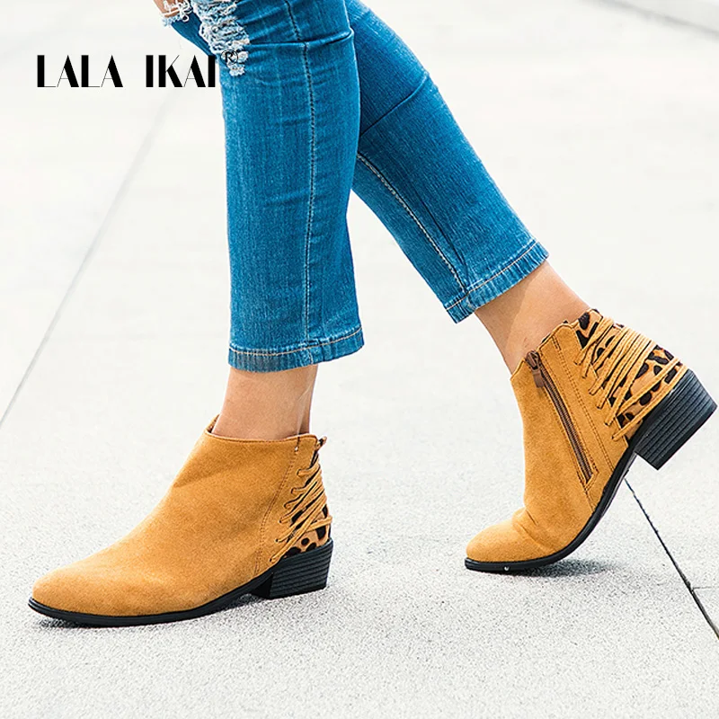 

LALA IKAI Women Winter Ankle Boots 2019 Autumn Leopard Short Boots Female Casual Zipper Flock Pointed Toe Chelsea Boots WC5201-4