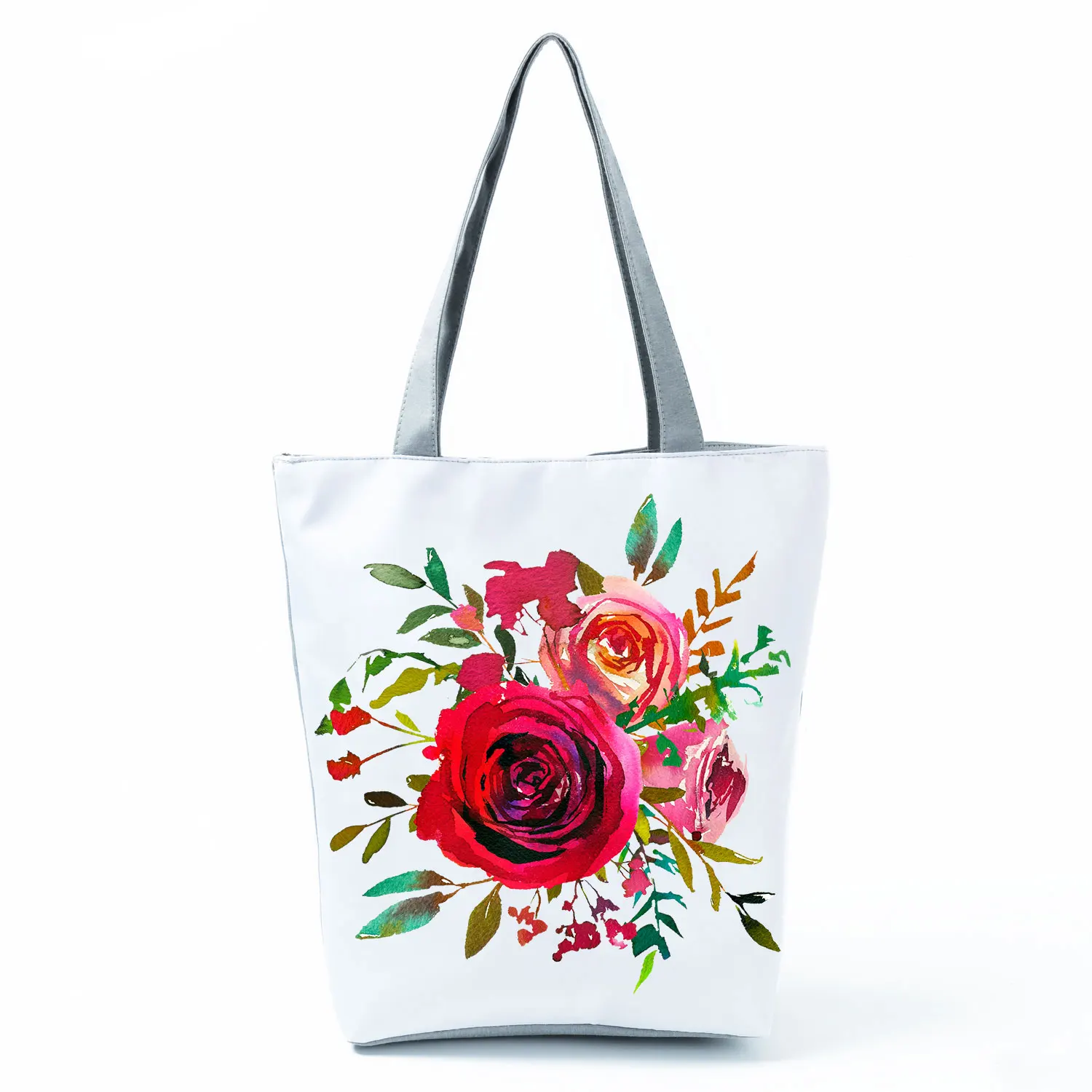 Red Floral Printed Handbag Eco Reusable High Capacity Foldable Shopping Bag Plant Floral Outdoor Travel Tote Can Custom Pattern 