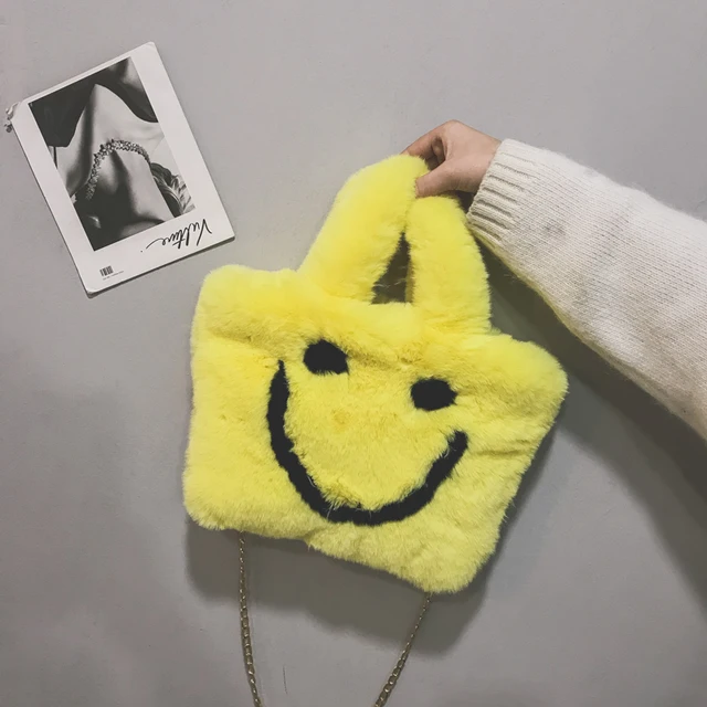 Women aplush smiley handbag buckle shoulder bag cute soft ladies chainladies faux fur bag female party little girlChristmas gift 5