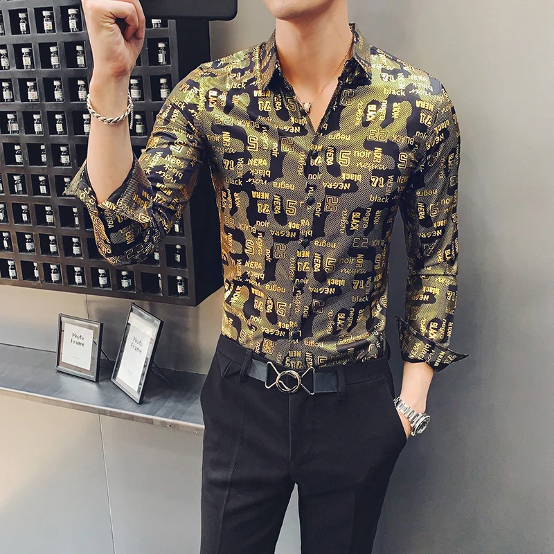 

2019 Spring Alphabet Printed Shirts Mens Gold Bronzing Shirts Mens Bright Long Sleeve Shirt Nightclub Dress Stage Costume Slim
