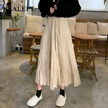 REALEFT женские осенние корейские Стильные Простые гофрированные длинные юбки с высокой талией ампир Harajuku тюлевые трапециевидные юбки для женщин s