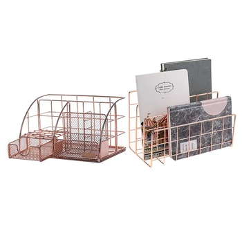 

Desktop Mail Organizer, 3-Slot Metal Wire Mail Sorter, Letter Organizer & Rose Gold Ladies Desktop Storage Box