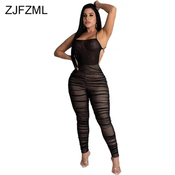 

Sexy Club Backless Lace Up Jumpsuit Women 2020 Halter Sleeveless Drawstring Ruched Bandage Rompers Bodycon Black Mesh Bodysuit