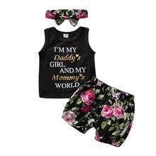 Летнее платье для маленьких девочек Повседневное без рукавов с буквенным принтом топы без рукавов с комплекты одежды с шортами с цветочным принтом, комплект с ободком