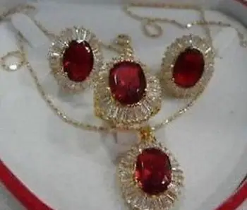 

Fine Jewelry real new Fashion Cubic Trendy %Red Crystal NecklacePendant Earring Ring Jewellery Sets + Free Chain