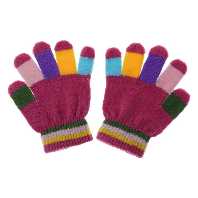 1 пара, детские перчатки, полный палец, теплые зимние, цветные, в полоску, вязаные, для мальчиков и девочек, одноцветные, эластичные, D08C