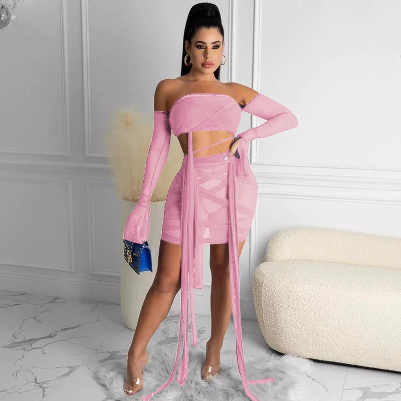 

Sexy Ribbons Sheer Mesh Bandage Dress Sets Club Two Piece Outfits 2021 Short Suits Women Flare Sleeve Crop Top+sheath Mini Skirt