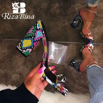 

RIZABINA Sexy Lady Snakeskin Pattern Slip On Sandals Pvc Fashion Party Chunky Heels Beach Shoes Woman Summer Sandals Size 35-40