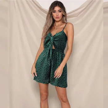 

Foridol Chic polka dot jumpsuit romper women summer v neck playsuit romper beach holiday retro pink rompers green playsuits