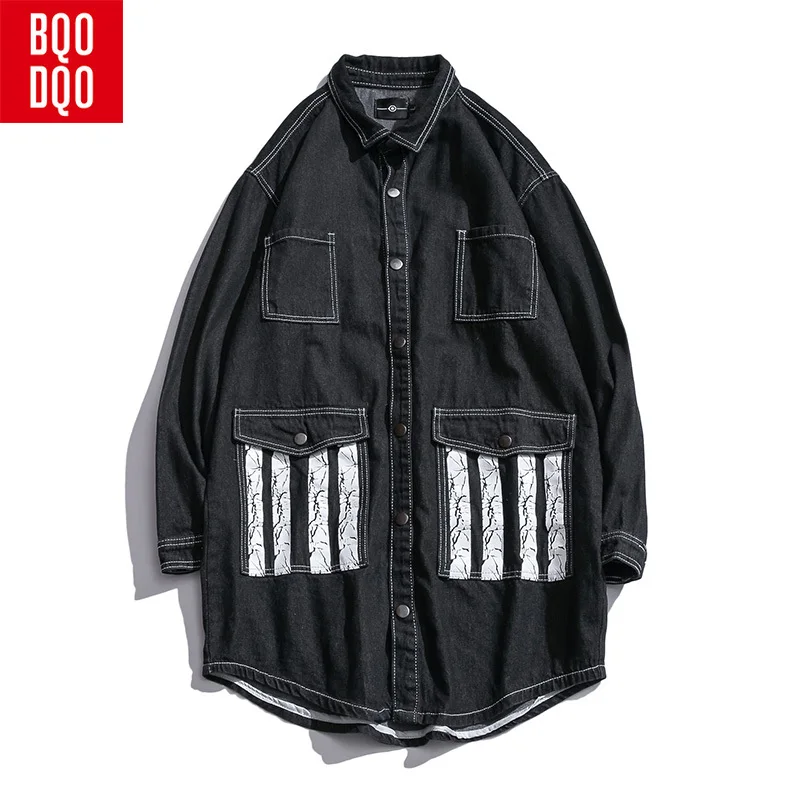 

Letter Print Mutil-Pocket Black Denim Casual Jacket Men Turndown Collar Jackets Male Hip Hop Autumn College Streetwear Long Coat