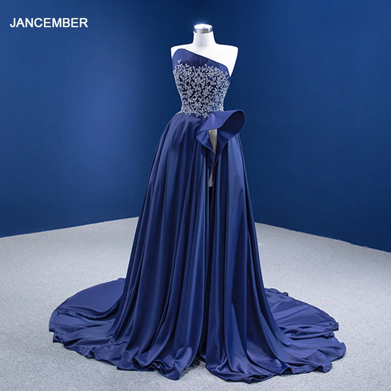RSM67374 dubai royal blue dress with slit long luxury crystal evening dresses satin with open back платье с открытые плечи 1