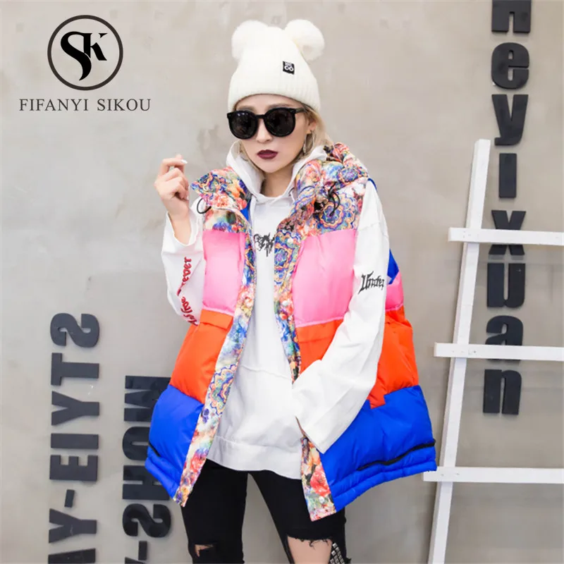 New Women Sleeveless Jacket Winter Vest Hooded Coat Fashion Patchwork Print Cotton Vest Women Loose Thick Warm Waistcoat