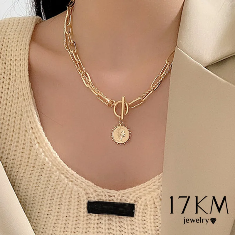 17KM de moda de oro tallado retrato de moneda colgante de collar para las mujeres Punk Color plata multicapa collar de gargantilla de cadena de joyería 2021