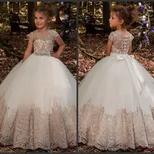 Свадебное платье принцессы для девочек Бальные платья с поясом, украшенным бисером, с кружевной аппликацией, длина до пола, свадебное Пышное Платье, robe fille ceremonie