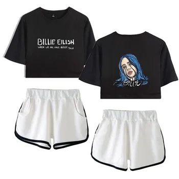 

Women Summer Two Piece Set Billie Eilish Print Sexy Navel T-Shirt+Shorts Suit New College Women Cotton T Shirt Streetwear Modern