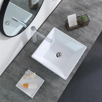 

Bathroom Above Counter Square Ceramic Vessel Vanity Sink Art Basin - White Porcelain - with Pop Up Drain Stopper