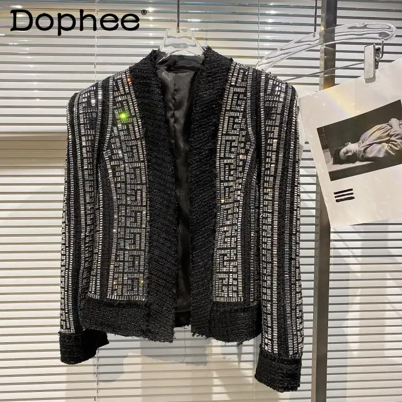 2021 Autumn Winter Warm Clothes Fashion Full Body Shiny Rhinestone Tweed Coat Jacket Women Loose Straight Black Top Outerwear | Женская