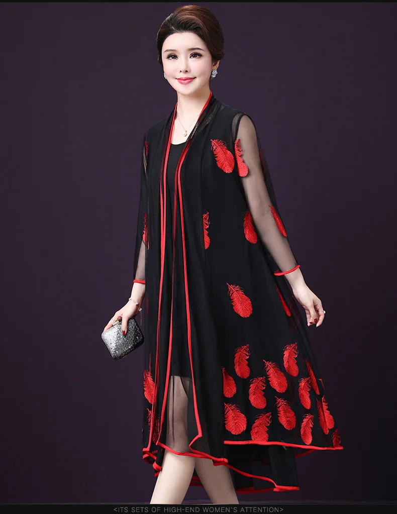 Retro Vintage Embroidery Middle Age Women's Two Piece Dresses Summer Dress Elegant Retro Plus Size Office Wear Dress HJ295