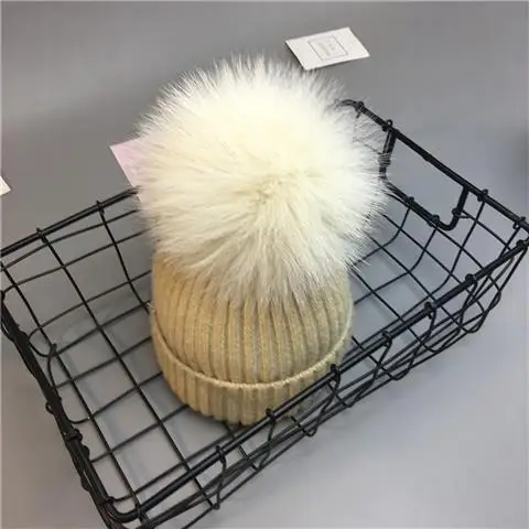 Beige Cap Горячая младенческой Девочки помпон теплые зимние наборы шарф шапка натуральный шарик из меха лисы для детей от 0 до 8 лет Вязанные Трикотажные шапочки аксессуары - Цвет: Beige Cap