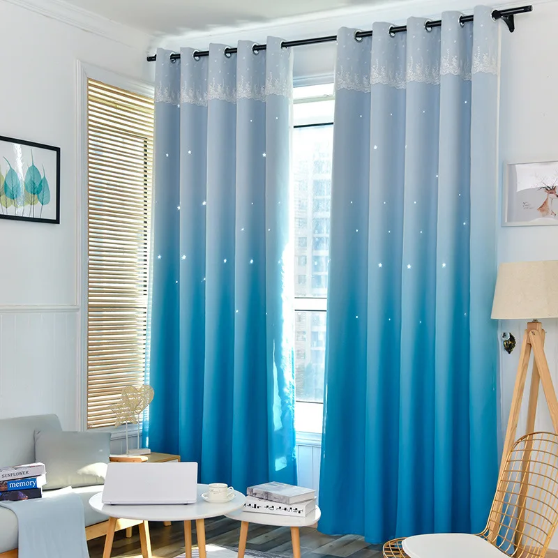 

Hollow Star Blue Gradient Double Layer Curtains for Living Dining Room Bedroom.