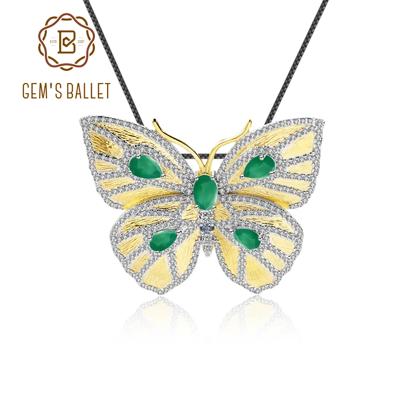 

GEM'S BALLET 925 Sterling Silver Gold-plated Natural Green Agate Elegant Lady Butterfly Brooch Pendant Butterfly Fashion Jewelry
