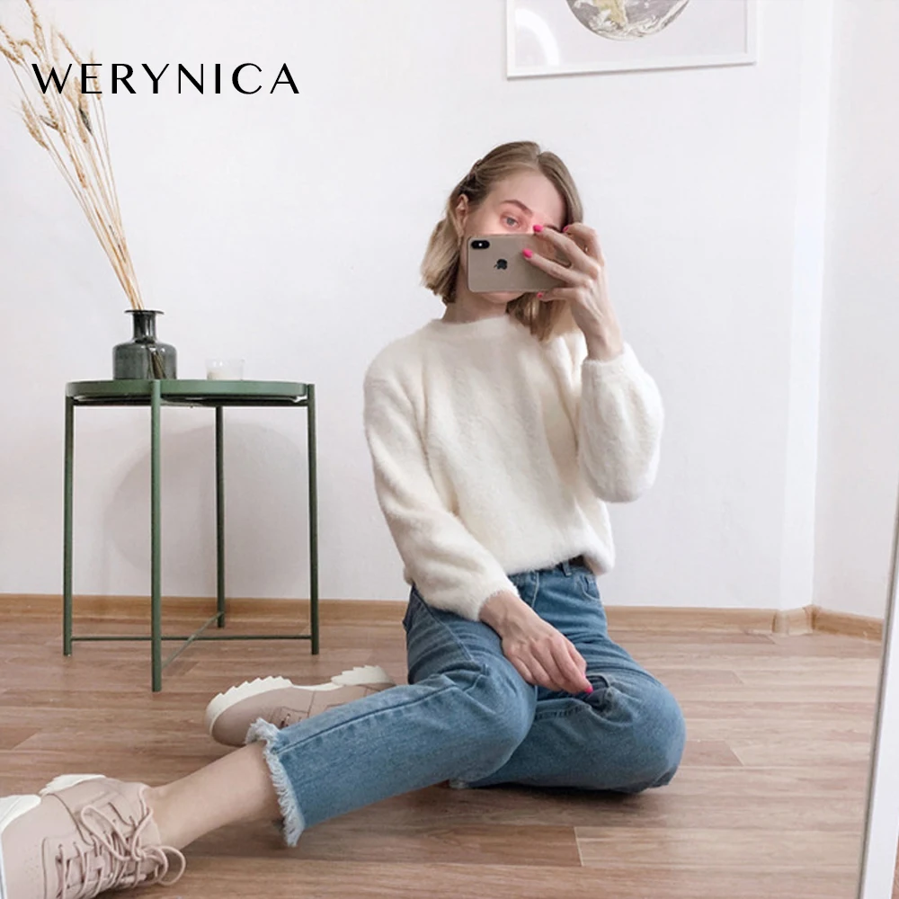 Werynica Женский свитер в Корейском стиле базовый кашемировый вязаный с круглым