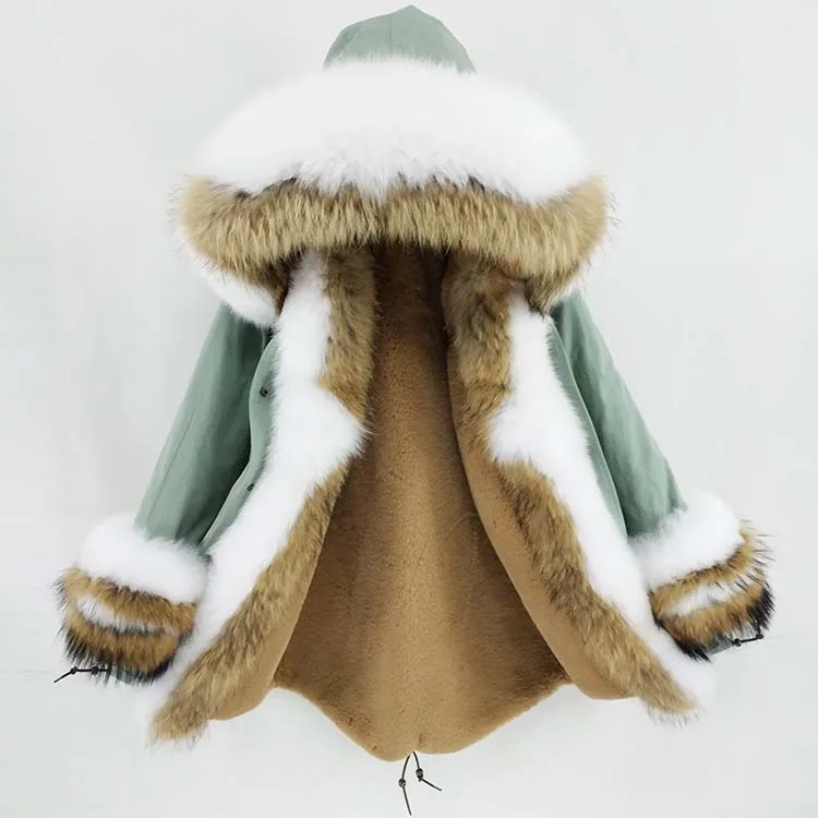 Зимняя женская куртка из натурального меха енота, воротник из лисьего меха, капюшон с манжетами, Толстая теплая верхняя одежда, новая длинная парка, пальто из натурального меха - Цвет: light green 1