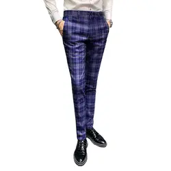 Осенне-зимние мужские костюмные брюки синие Черные серые клетчатые полосатые брюки мужские модные деловые повседневные брюки размер 28-35