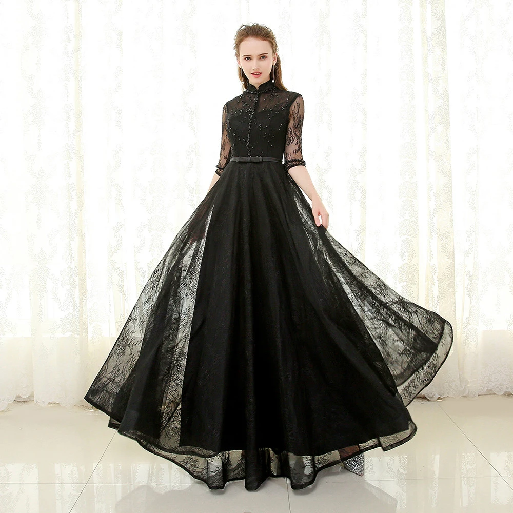 

Gothic Design Black Lace Wedding Dress High Neck Half Sleeve Black Pearls Hollow Back Floor Length Bridal Gowns Custom Size Plus