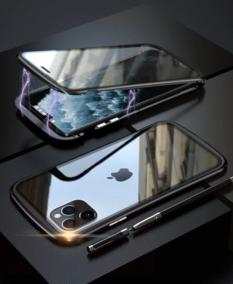 Роскошный двухсторонний Передний+ задний стеклянный Магнитный чехол для Apple iPhone 11 Pro Max Магнитный чехол Алюминиевый металлический бампер 360 чехол Coque
