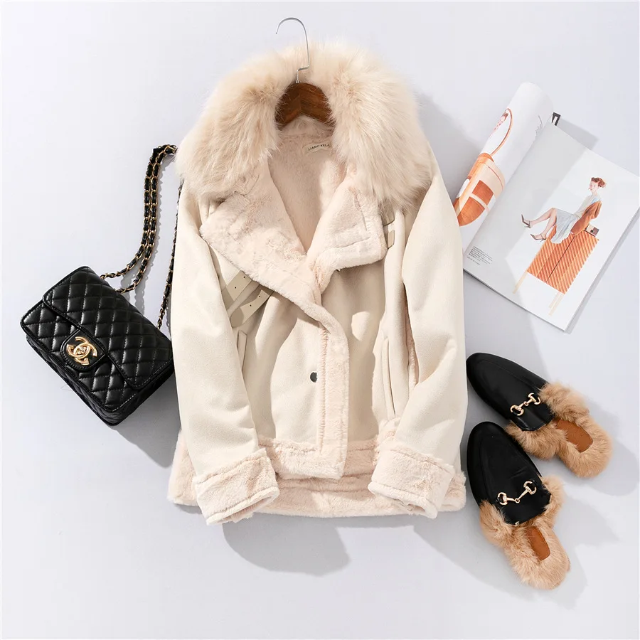 Женские замшевые куртки с воротником из искусственного меха, однобортный толстый теплый осенне-зимний женский пиджак, женская верхняя одежда, базовое пальто - Цвет: Белый