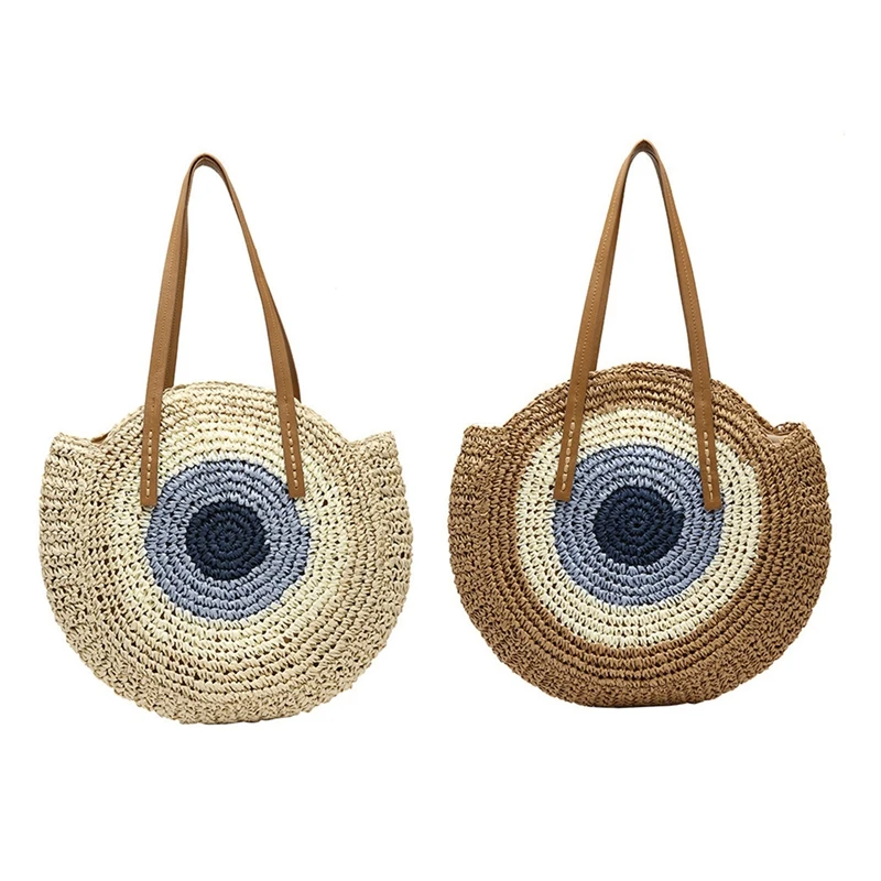 

2x Straw Bag Women's Fashion Shoulder Bag Center Round Rattan Straw Hand-Woven Bohemian Large Size Beach Bag Beige & Brown