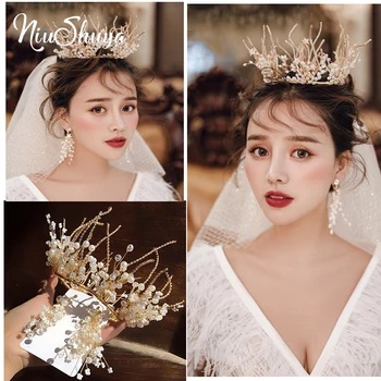 

NiuShuya New Elegant Bridal Crown Headdress Gold Handmade Pearl Princess Wedding Crown Bridal Hair Ornaments