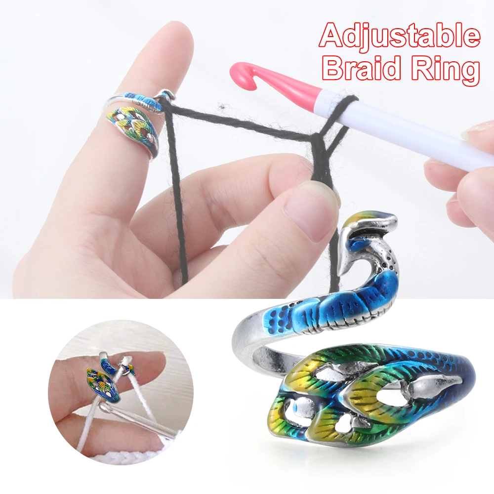 Adjustable Knitting Loop Peacock Shape Crochet Ring Sewing Accessories Finger Wear Thimble Yarn Guides Knitting Tool 1PC