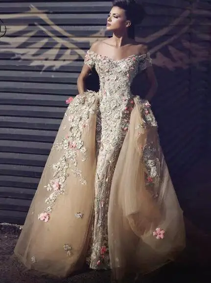 Model picture color Цвет шампанского, золотой, Русалка, выпускные платья со съемным шлейфом, 3D цветочные кружева с открытыми плечами, вечернее платье, новое платье de soiree - Цвет: Model picture color