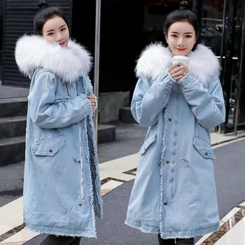 

2020 Women Denim Cotton Padded Velvet Jacket Keep Warm Winter New Loose Long Coat Large Raccoon Fur Hooded Mujer Thick Parkas