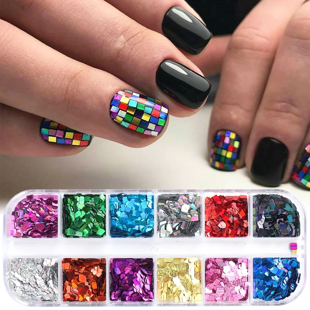 Lentejuelas de colores para uñas, 12 cuadrículas, cuadradas, holográficas,  purpurina en polvo, tablero de ajedrez, diseño de uñas a cuadros,  lentejuelas, escamas de manicura, GLLFX|Brillantina de uñas| - AliExpress