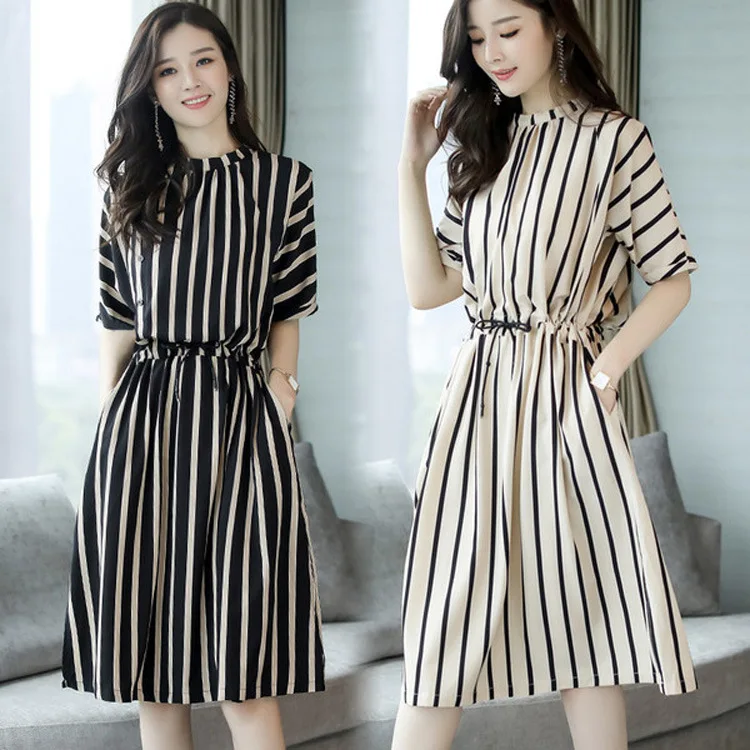 

Summer New Style Elegant Commuting Striped Dress WOMEN'S Short Sleeve Shirt Harajuku-Style Loose Elastic Waist Medium-length Dre