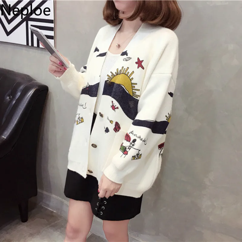 

Neploe 2019 Fashion Wild Print Knitted Cardigans Korean Loose Patchwork Core-spun Fabric Sweaters Autumn Jacquard Pocket 45662