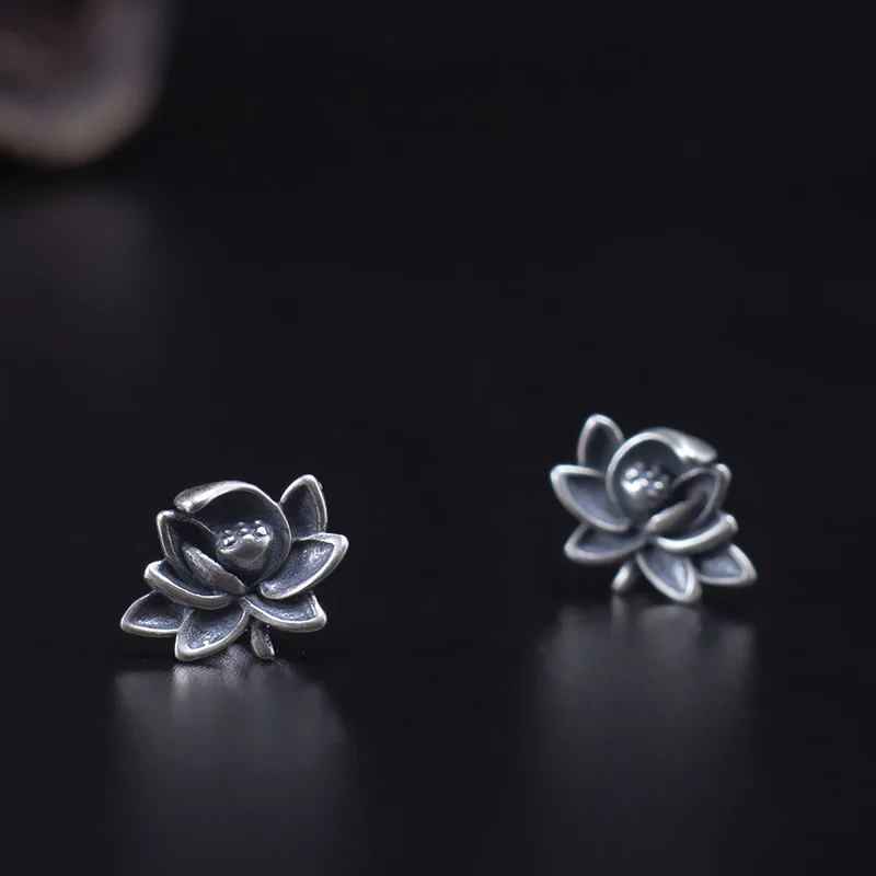Подлинные серьги из стерлингового серебра 925 пробы для женщин цветок лотоса маленькие серьги-гвоздики черные античные серебряные антиаллергенные Винтажные Ювелирные Изделия