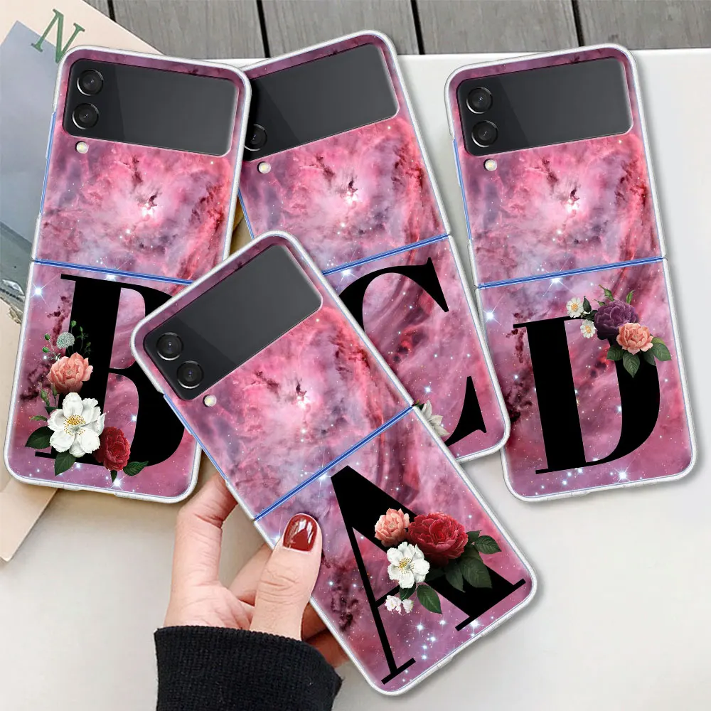Letter A B Flowers Pink Case For Samsung Galaxy Z Flip 3 5G Transparent Hard Cell Phone Cover ZFlip3 Clear PC Luxury Fundas