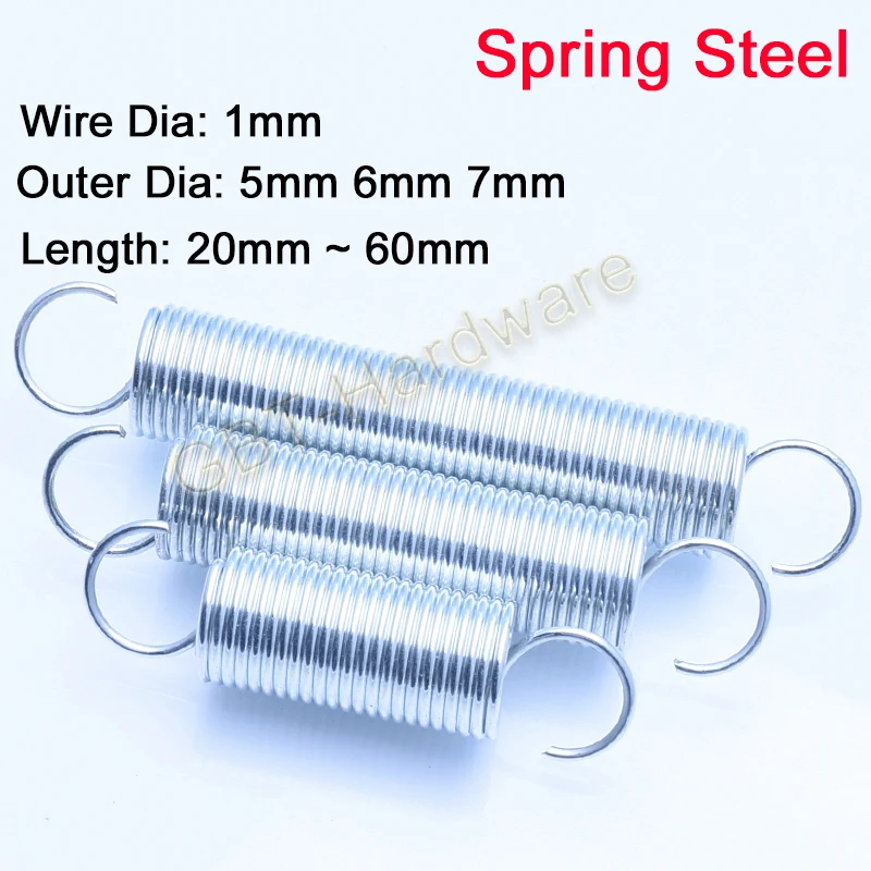 1/2/5 Pcs Galvanized Stretching Spring Wire Dia 1mm Outer Dia 5mm 6mm 7mm Length 20/25/30/35/40/45/50/60mm With Hook Machinery