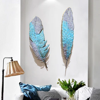 

$ American Minimalist Wrought Iron Decorative Blue Feather Metal Crafts Wall Hanging Ornaments Hotel Home 3D Wall Sticker Decor