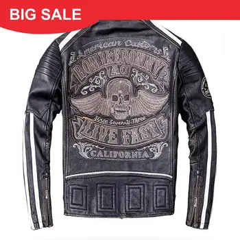 

2020 Vintage Black Men Skull Embroidery Biker's Leather Jacket Plus Size XXXXL Genuine Cowhide Autumn Slim Fit Motorcycle Coat