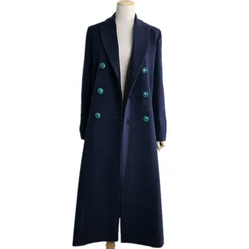 

New Fashion autumn Winter Women Simple Navy Woolen Notched Long Coat Maxi Female Overcoat