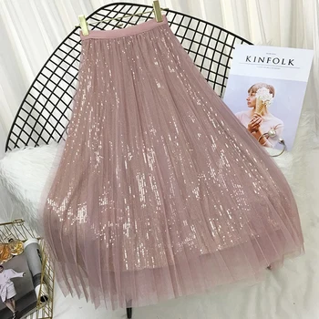 

Gauze Skirt Women Midi Long Pleated Skirt Lady 2020 Fashion Korean Style Sequins High Waist Mesh Skirt