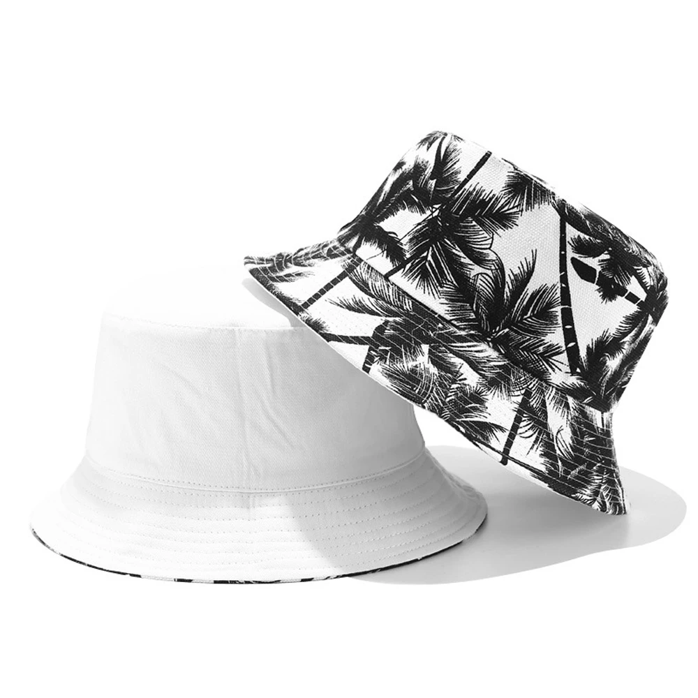 2020 New Unisex Fashion Summer Reversible Black White Coconut Tree Printed Fisherman Caps Bucket Hats Gorro Pescador Men Women